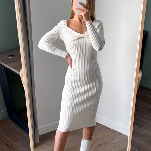 Square Neck Long Sleeve Ribbed Knit Midi Dress - Picture 3 of 15